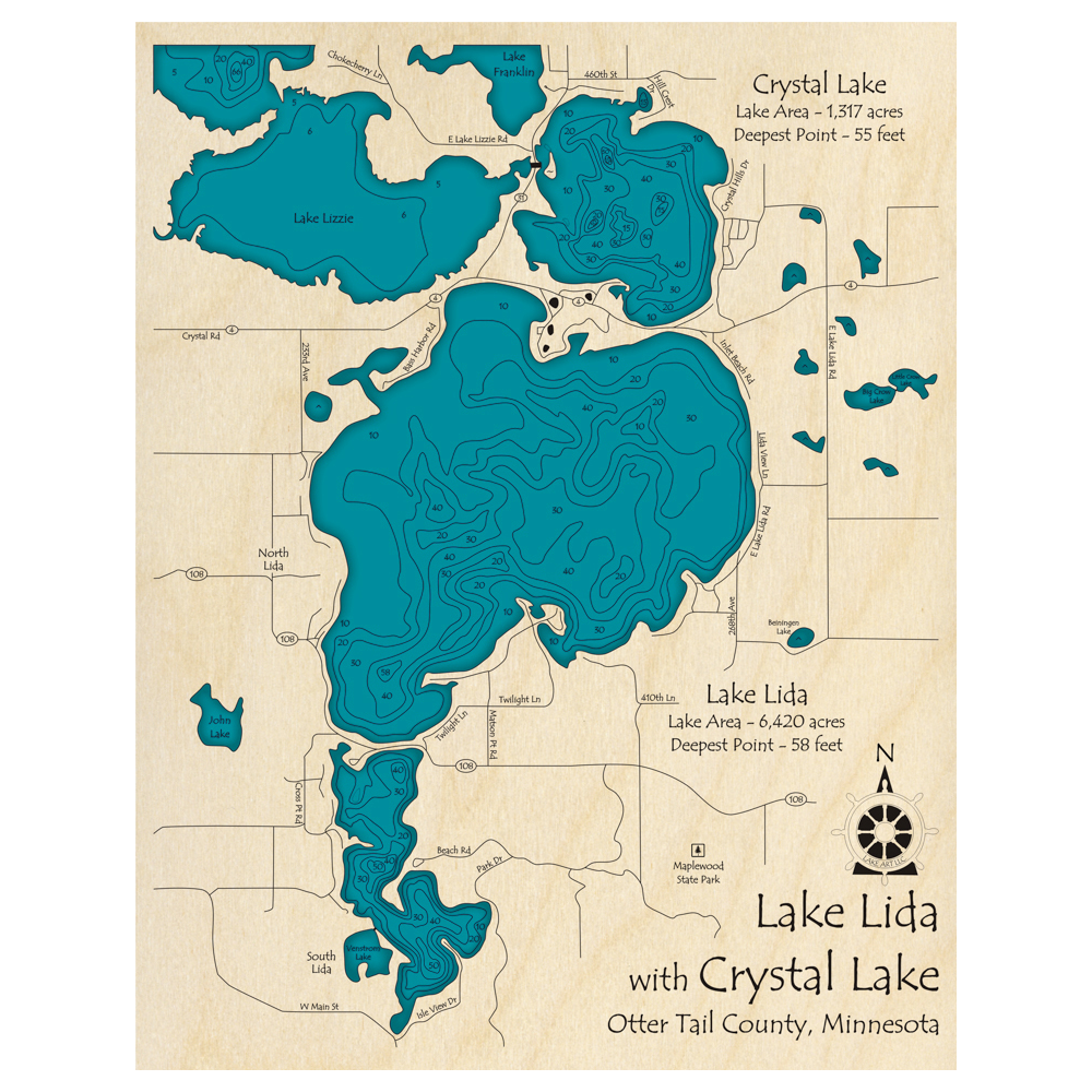 Bathymetric topo map of Lake Lida, MN with roads, towns and depths noted in blue water.
