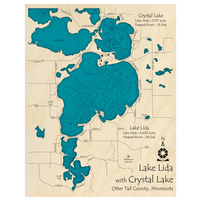 Bathymetric topo map of Lake Lida, MN with roads, towns and depths noted in blue water.
