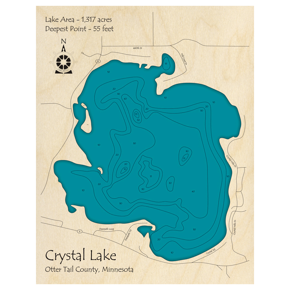 Bathymetric topo map of Crystal Lake, MN with roads, towns and depths noted in blue water.