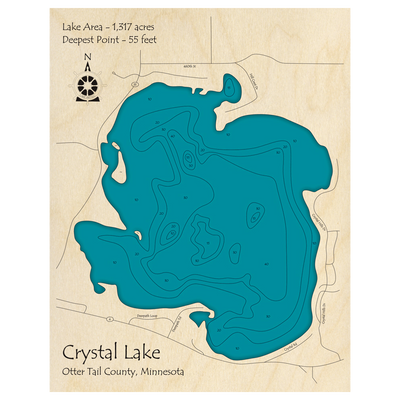 Bathymetric topo map of Crystal Lake, MN with roads, towns and depths noted in blue water.