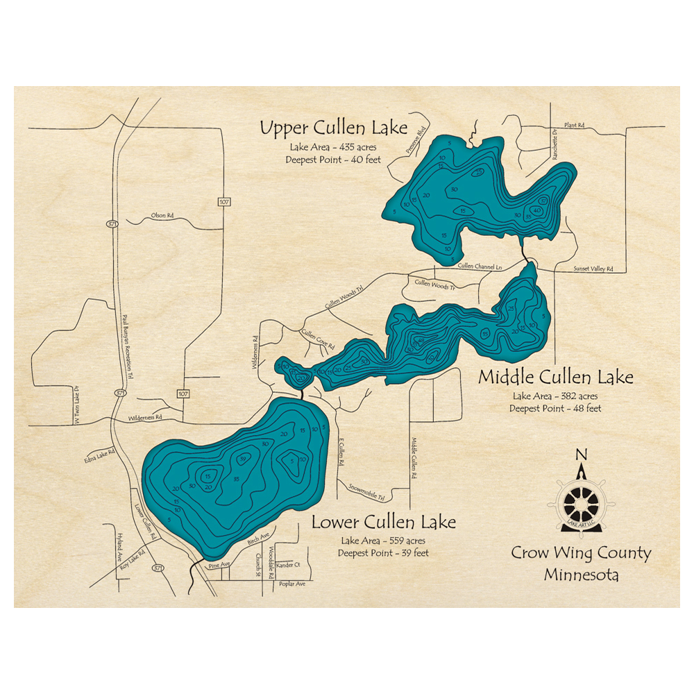 Bathymetric topo map of Cullen Chain of Lakes, MN with roads, towns and depths noted in blue water.