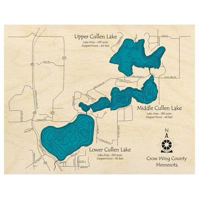 Bathymetric topo map of Cullen Chain of Lakes, MN with roads, towns and depths noted in blue water.