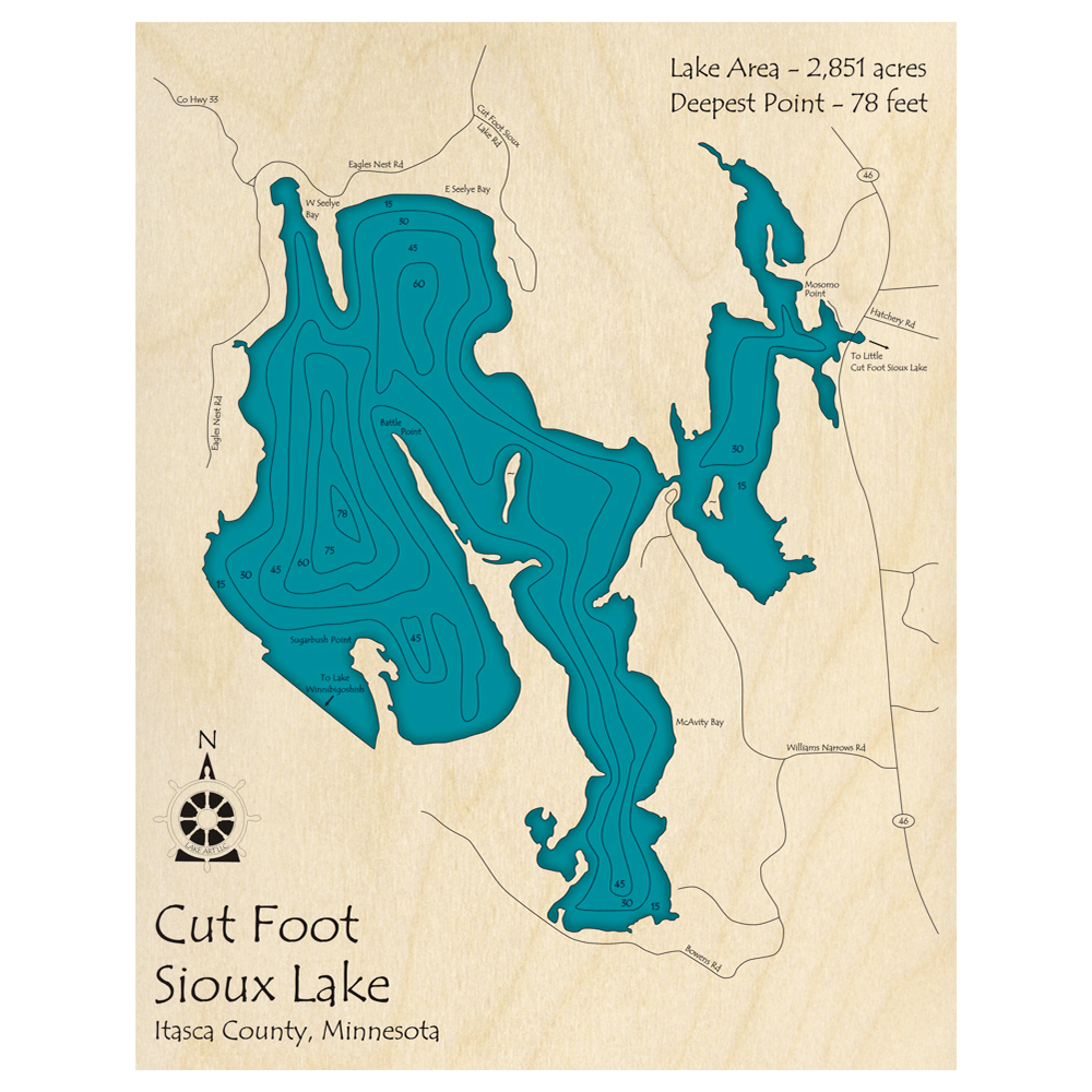 Bathymetric topo map of Cut Foot Sioux Lake, MN with roads, towns and depths noted in blue water.