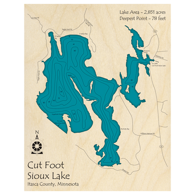 Bathymetric topo map of Cut Foot Sioux Lake, MN with roads, towns and depths noted in blue water.