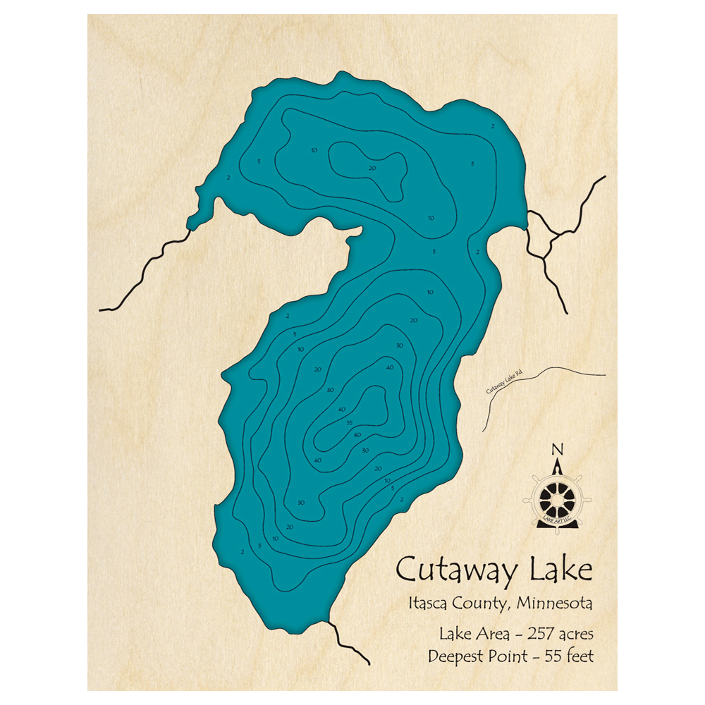 Bathymetric topo map of Cutaway Lake, MN with roads, towns and depths noted in blue water.