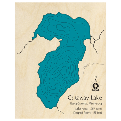 Bathymetric topo map of Cutaway Lake, MN with roads, towns and depths noted in blue water.