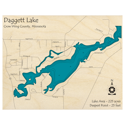 Bathymetric topo map of Daggett Lake, MN with roads, towns and depths noted in blue water.
