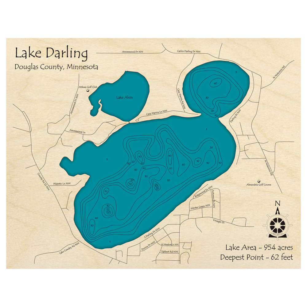 Bathymetric topo map of Lake Darling, MN with roads, towns and depths noted in blue water.