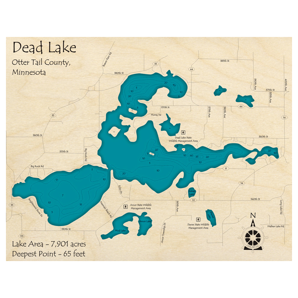 Bathymetric topo map of Dead Lake, MN with roads, towns and depths noted in blue water.