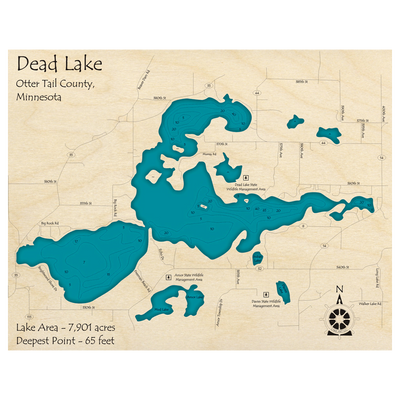 Bathymetric topo map of Dead Lake, MN with roads, towns and depths noted in blue water.