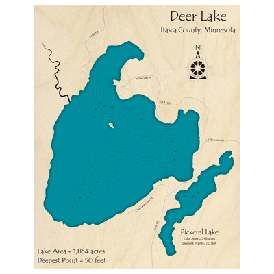 Bathymetric topo map of Deer Lake, MN with roads, towns and depths noted in blue water.