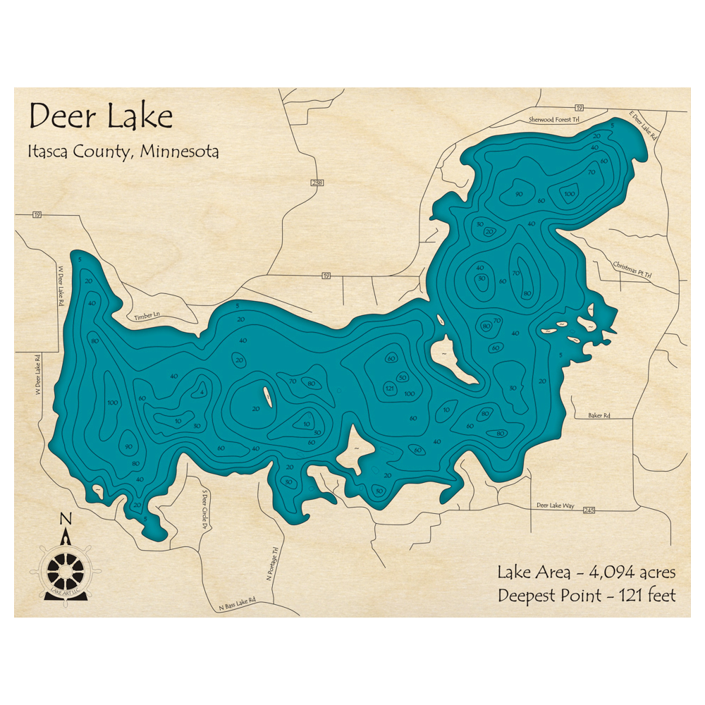 Bathymetric topo map of Deer Lake, MN with roads, towns and depths noted in blue water.