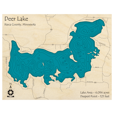 Bathymetric topo map of Deer Lake, MN with roads, towns and depths noted in blue water.