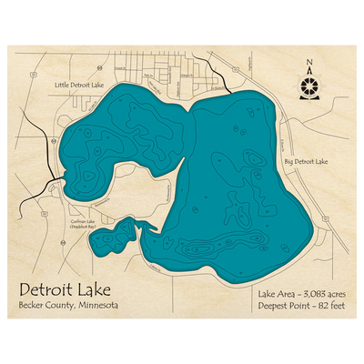 Bathymetric topo map of Detroit Lake, MN with roads, towns and depths noted in blue water.