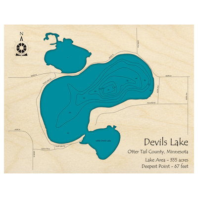 Bathymetric topo map of Devils Lake, MN with roads, towns and depths noted in blue water.