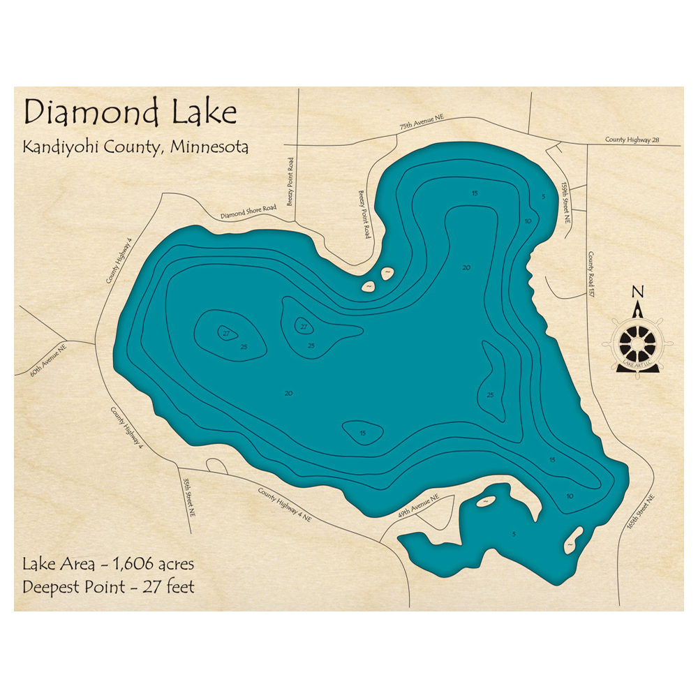 Bathymetric topo map of Diamond Lake, MN with roads, towns and depths noted in blue water.