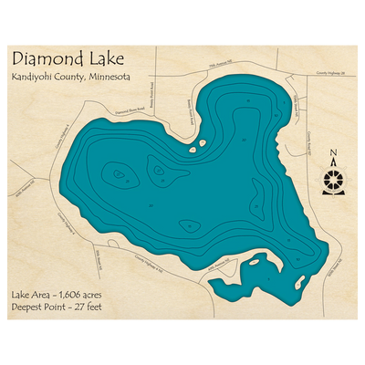 Bathymetric topo map of Diamond Lake, MN with roads, towns and depths noted in blue water.