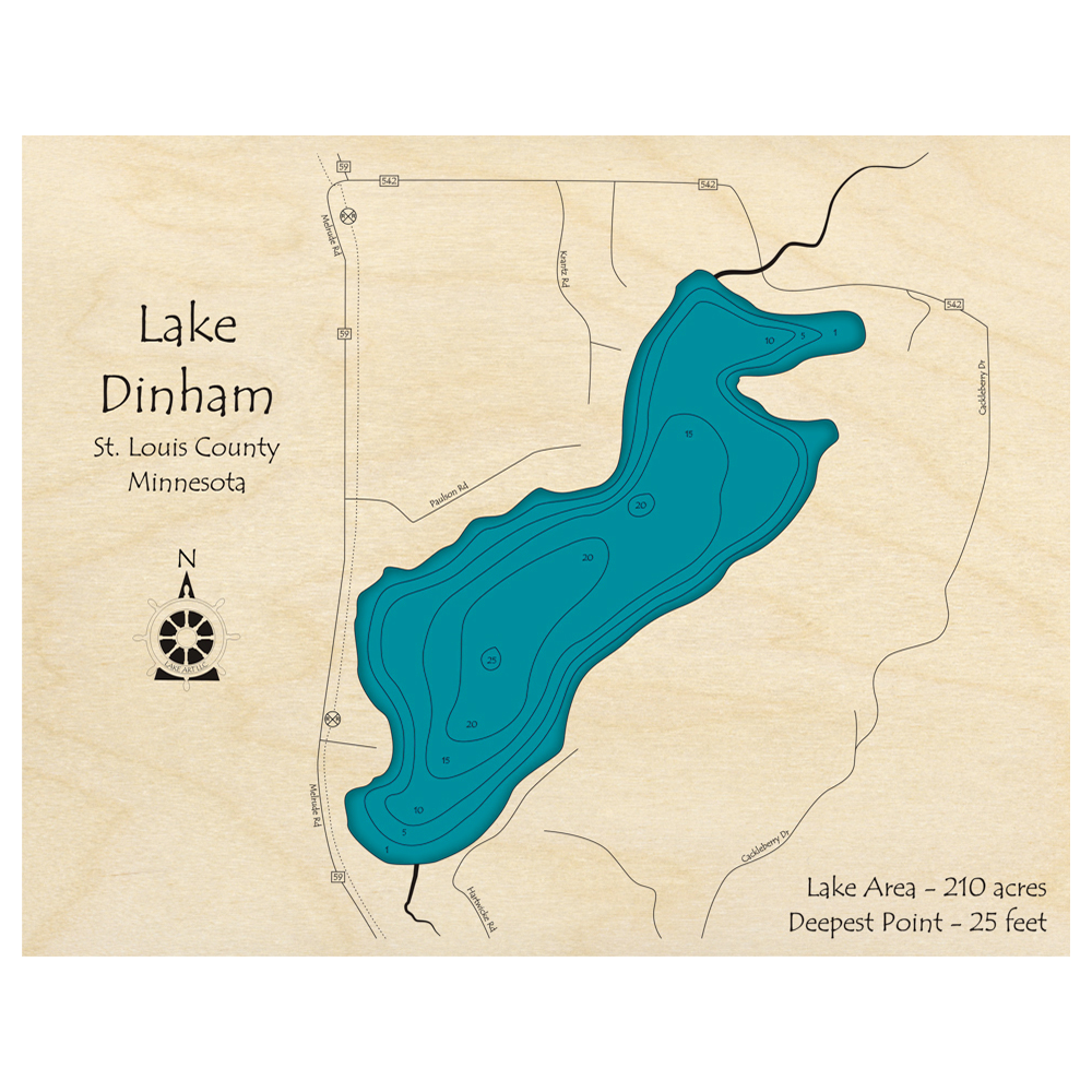 Bathymetric topo map of Lake Dinham, MN with roads, towns and depths noted in blue water.