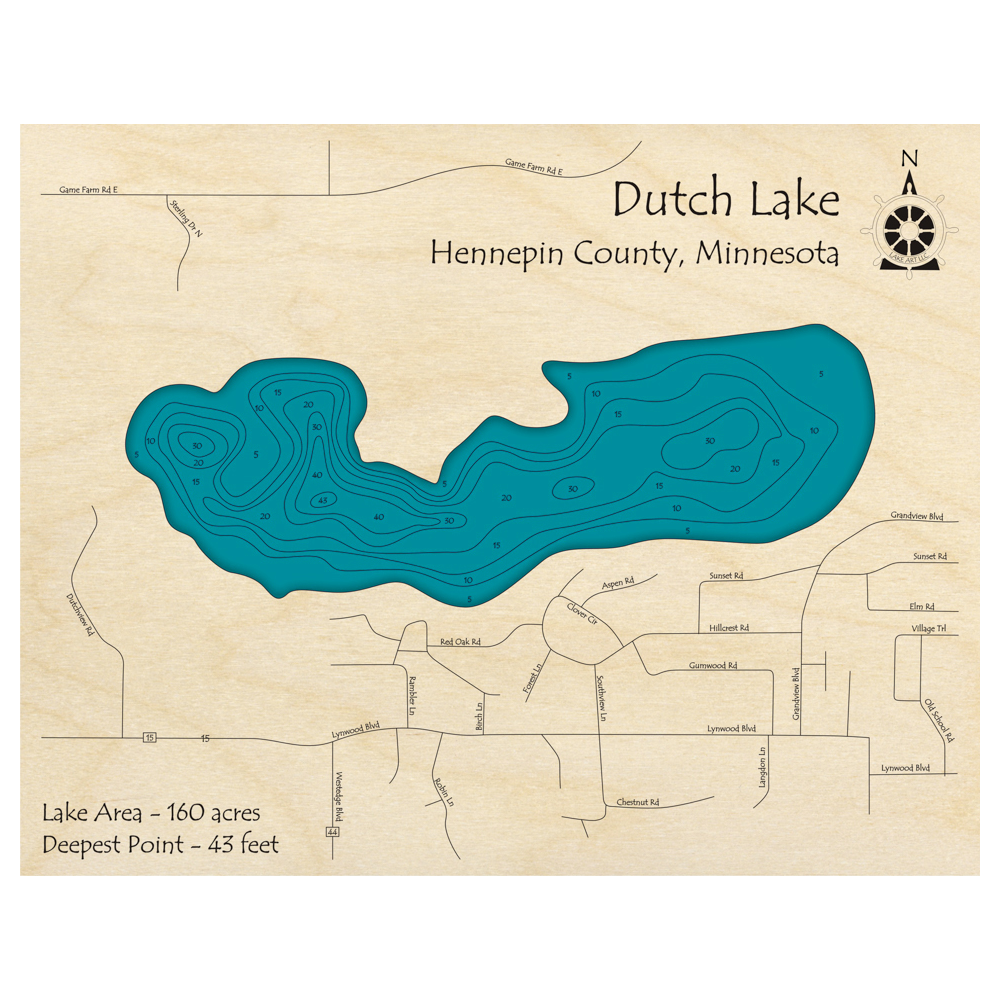 Bathymetric topo map of Dutch Lake, MN with roads, towns and depths noted in blue water.