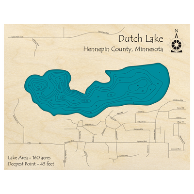 Bathymetric topo map of Dutch Lake, MN with roads, towns and depths noted in blue water.