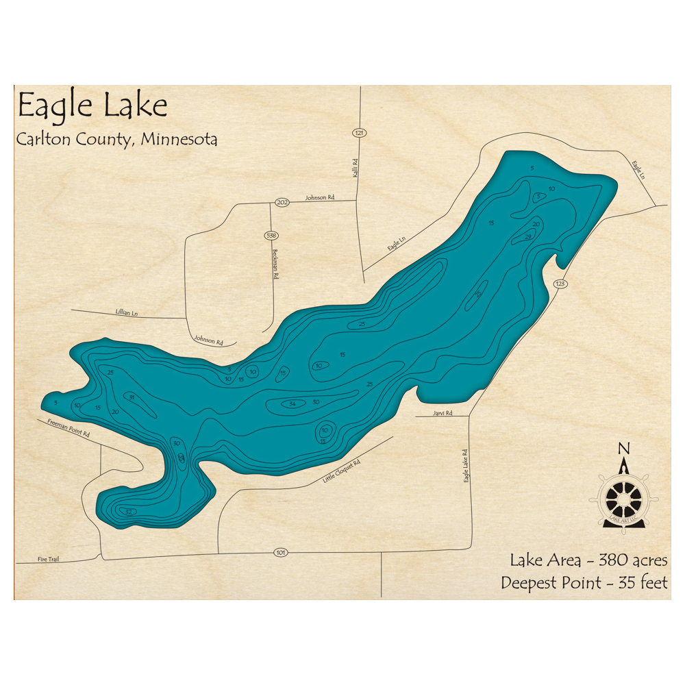Bathymetric topo map of Eagle Lake, MN with roads, towns and depths noted in blue water.