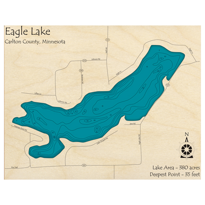 Bathymetric topo map of Eagle Lake, MN with roads, towns and depths noted in blue water.