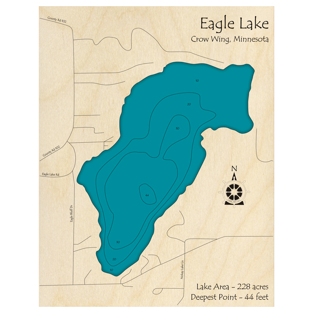Bathymetric topo map of Eagle Lake, MN with roads, towns and depths noted in blue water.