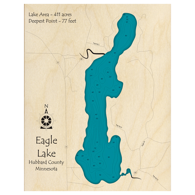 Bathymetric topo map of Eagle Lake, MN with roads, towns and depths noted in blue water.