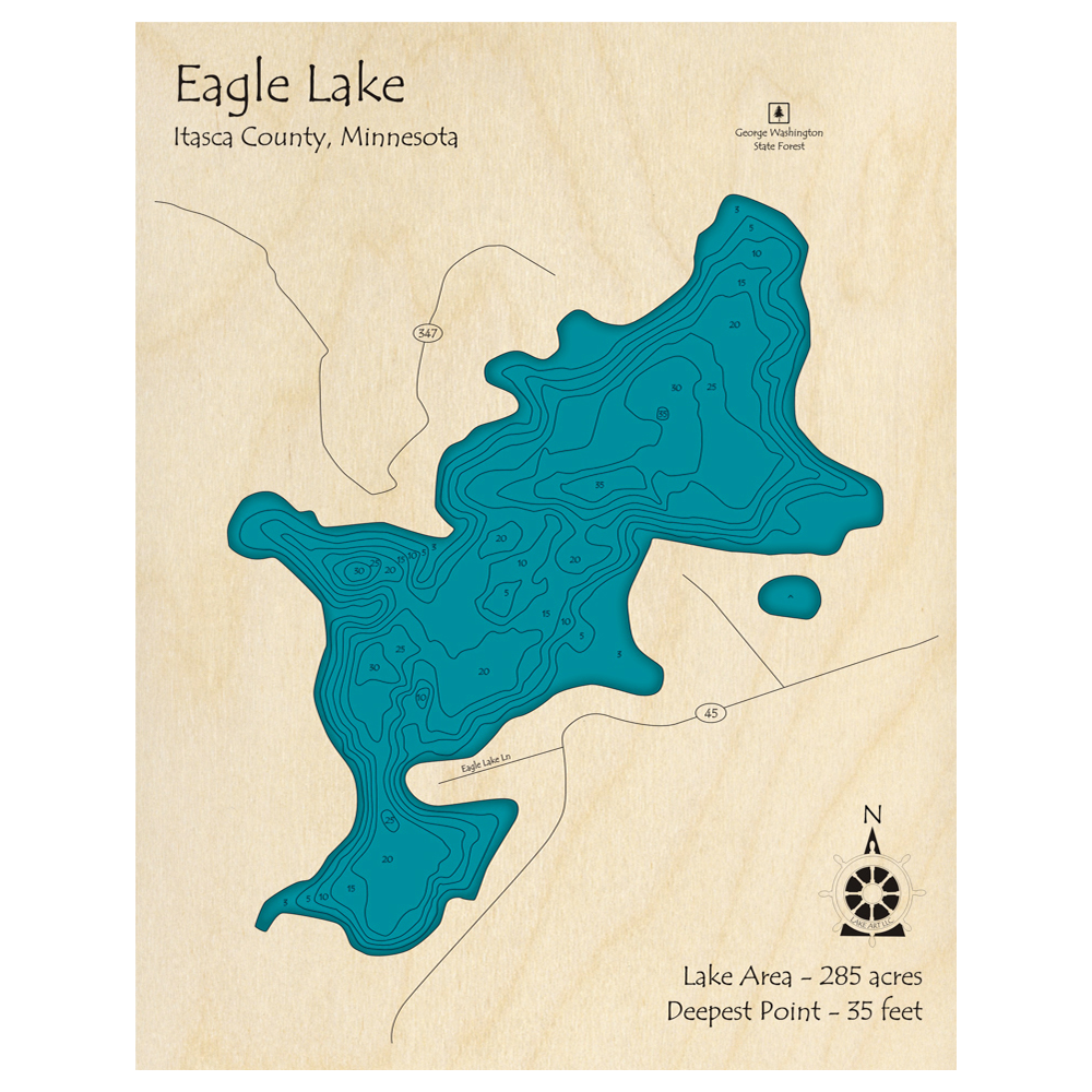 Bathymetric topo map of Eagle Lake, MN with roads, towns and depths noted in blue water.