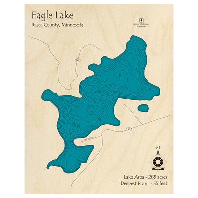 Bathymetric topo map of Eagle Lake, MN with roads, towns and depths noted in blue water.