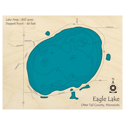 Bathymetric topo map of Eagle Lake, MN with roads, towns and depths noted in blue water.
