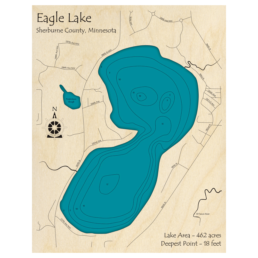 Bathymetric topo map of Eagle Lake, MN with roads, towns and depths noted in blue water.