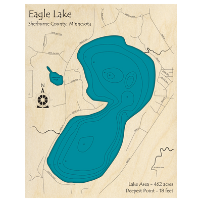 Bathymetric topo map of Eagle Lake, MN with roads, towns and depths noted in blue water.