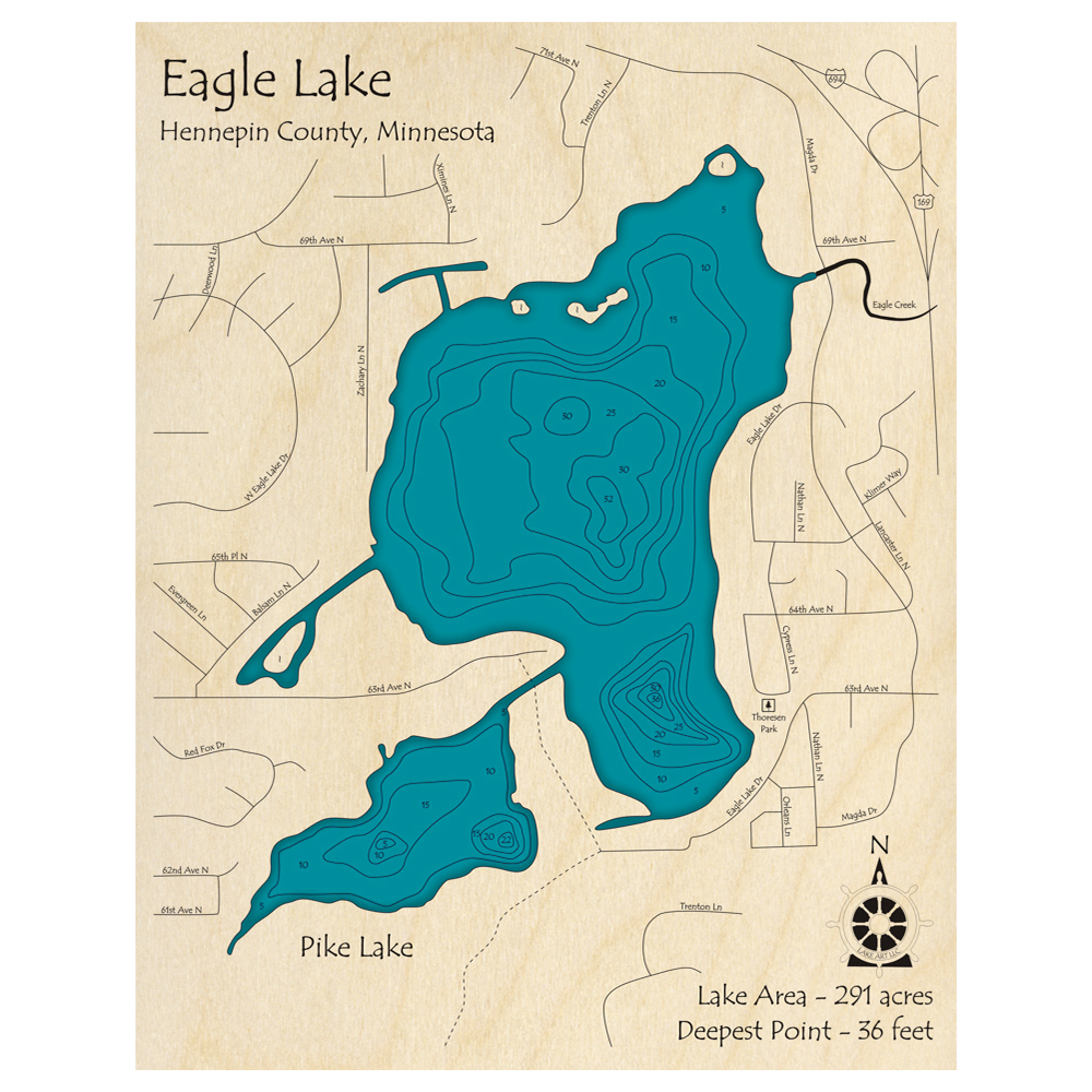 Bathymetric topo map of Eagle Lake, MN with roads, towns and depths noted in blue water.