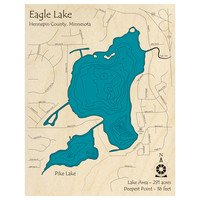 Bathymetric topo map of Eagle Lake, MN with roads, towns and depths noted in blue water.