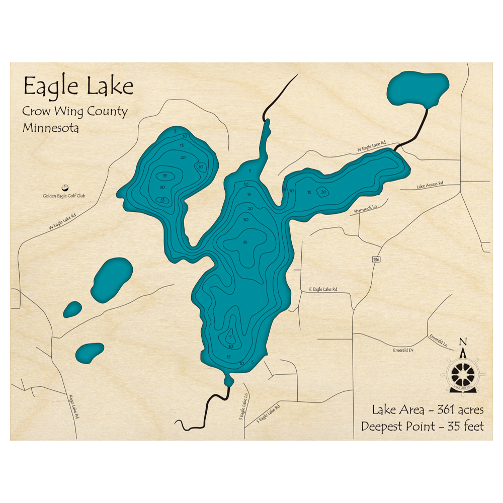 Bathymetric topo map of Eagle Lake, MN with roads, towns and depths noted in blue water.