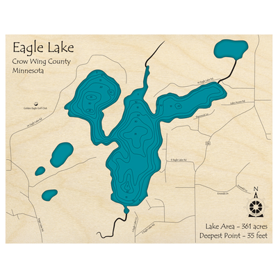 Bathymetric topo map of Eagle Lake, MN with roads, towns and depths noted in blue water.