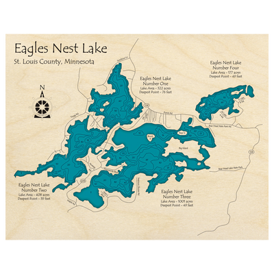Bathymetric topo map of Eagle Nest Lakes, MN with roads, towns and depths noted in blue water.