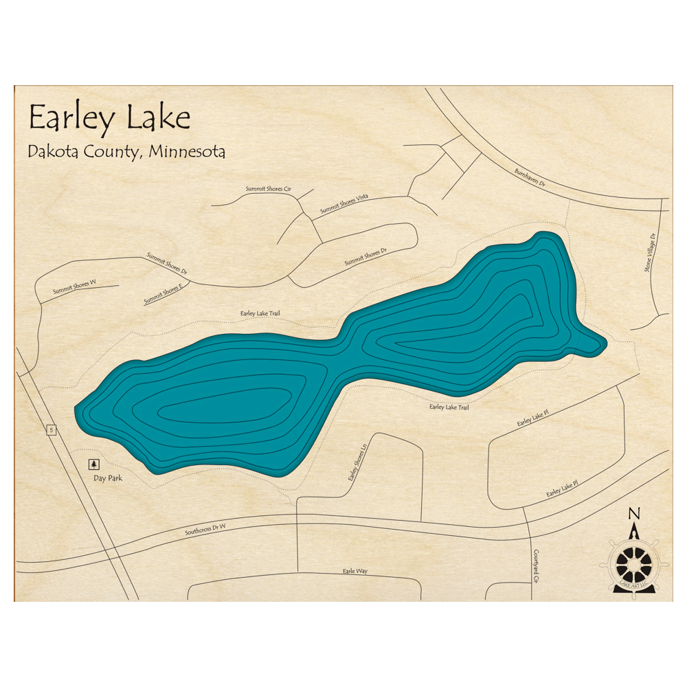 Bathymetric topo map of Earley Lake, MN with roads, towns and depths noted in blue water.