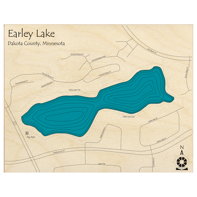 Bathymetric topo map of Earley Lake, MN with roads, towns and depths noted in blue water.