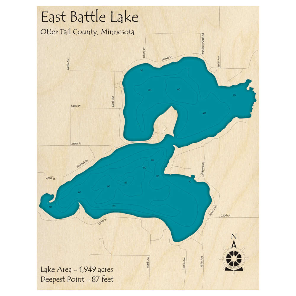 Bathymetric topo map of Battle Lake, MN with roads, towns and depths noted in blue water.