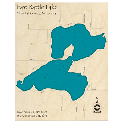 Bathymetric topo map of Battle Lake, MN with roads, towns and depths noted in blue water.