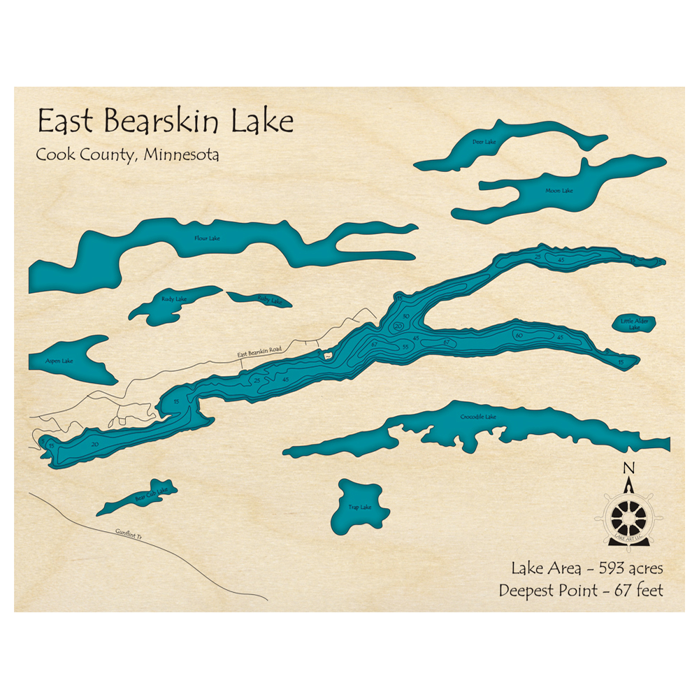 Bathymetric topo map of East Bearskin Lake, MN with roads, towns and depths noted in blue water.