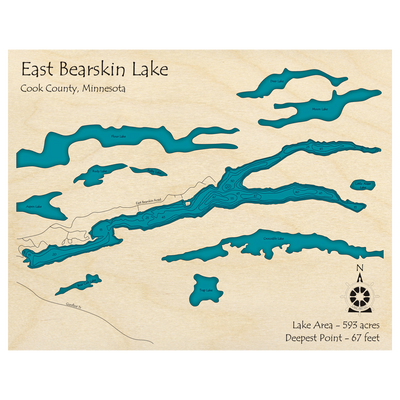 Bathymetric topo map of East Bearskin Lake, MN with roads, towns and depths noted in blue water.