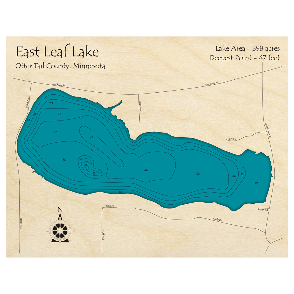 Bathymetric topo map of Leaf Lake, MN with roads, towns and depths noted in blue water.