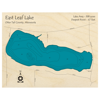 Bathymetric topo map of Leaf Lake, MN with roads, towns and depths noted in blue water.