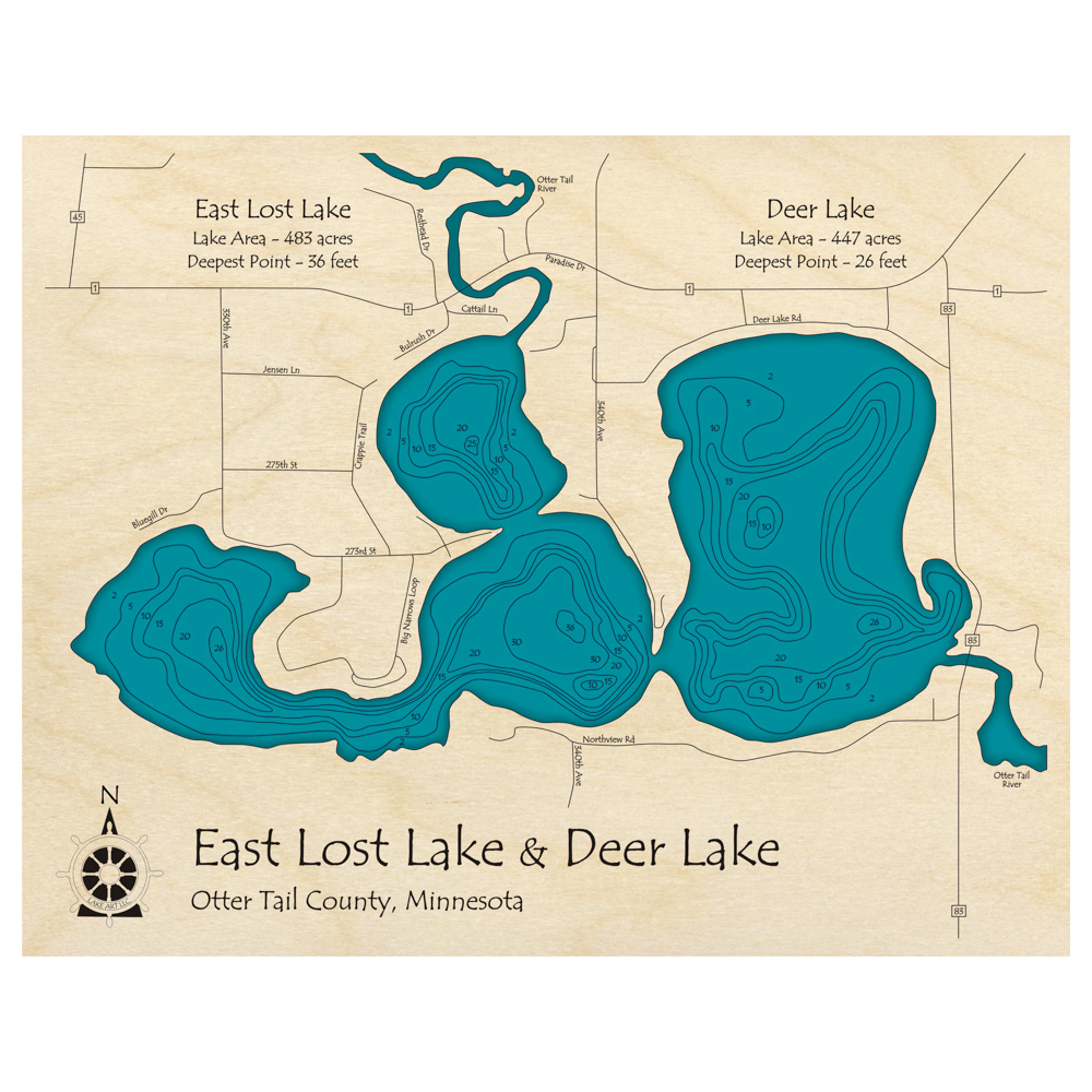 Bathymetric topo map of East Lost Lake and Deer Lake, MN with roads, towns and depths noted in blue water.