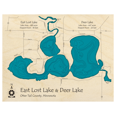 Bathymetric topo map of East Lost Lake and Deer Lake, MN with roads, towns and depths noted in blue water.