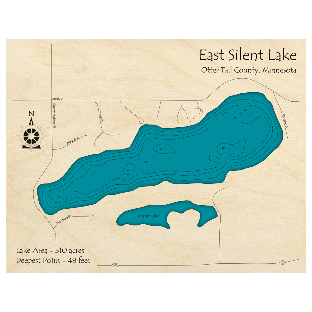 Bathymetric topo map of Silent Lake, MN with roads, towns and depths noted in blue water.
