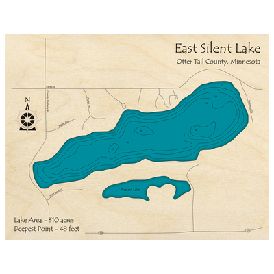 Bathymetric topo map of Silent Lake, MN with roads, towns and depths noted in blue water.
